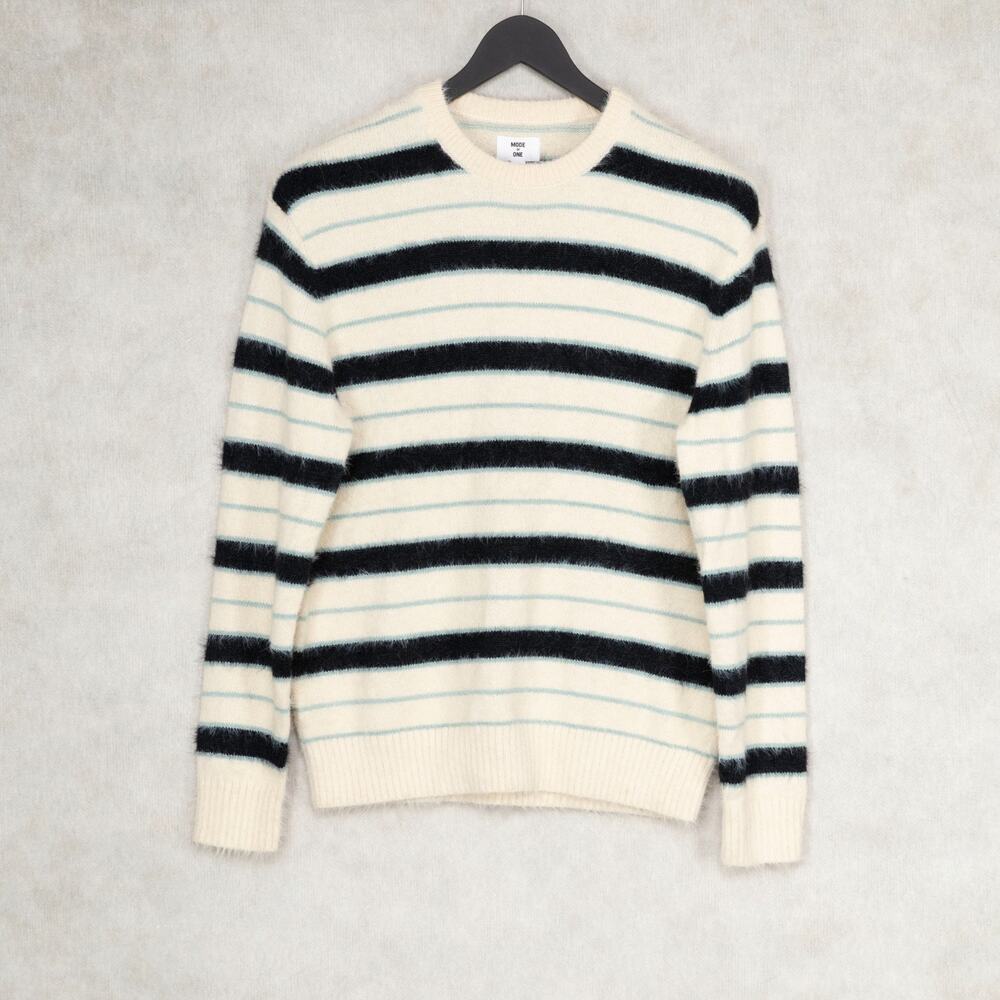 Mode of One Men Long-Sleeve Eyelash Stripe Sweater Dark Ecru Size XL